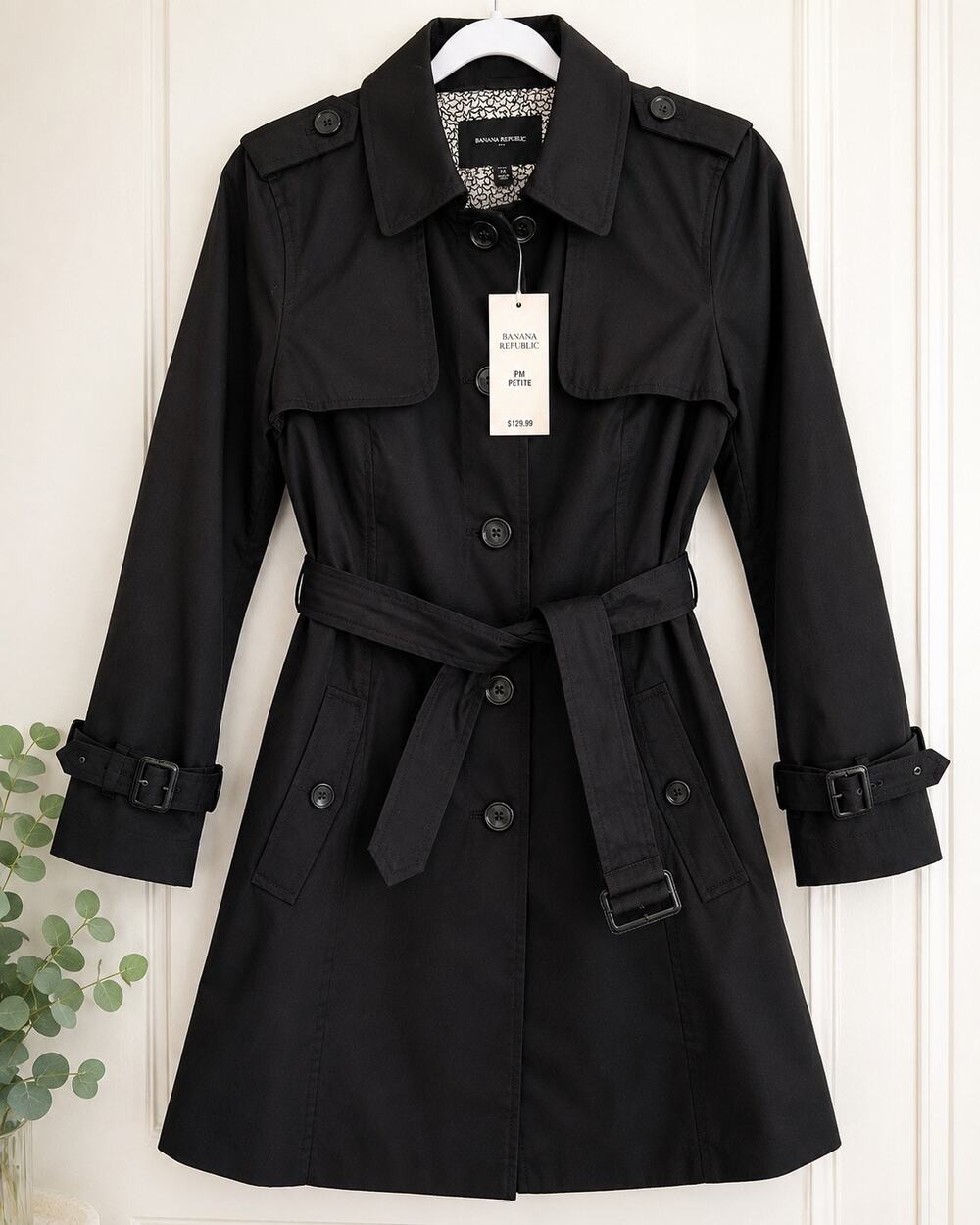 Banana Republic Trench Coat Womens PM Petite Medium Black Belted NWT $129